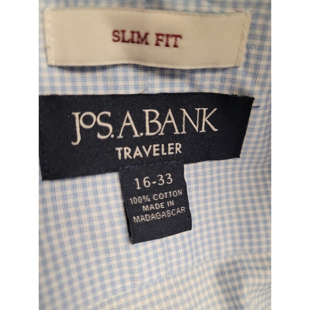 Jos A Bank Traveler Slim Fit Mens Dress Shirt Blue NWT Gingham 16 33 100% Cotton - Picture 2 of 6
